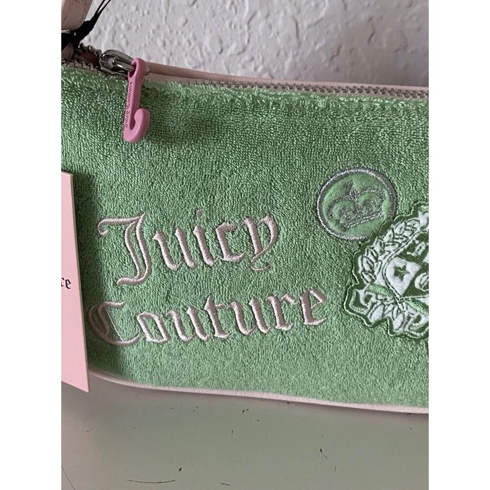 Juicy Couture Juicy Girl Rule Wristlet Bag Retro‎ Green Terry Cloth Logo Patches